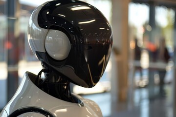 Aufkleber - A close-up of a sleek robot head with futuristic design and reflective surface in an indoor setting