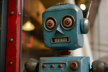 Poster - A colorful vintage toy robot with expressive eyes and a classic, retro design displayed indoors