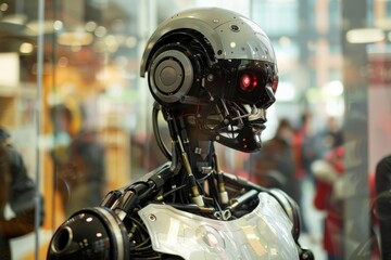 Aufkleber - Close-up image highlighting the head of a robot with illuminated red eye, against a blurred background
