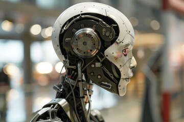 Aufkleber - A highly detailed image focusing on the head of a humanoid robot, showcasing mechanical components