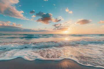 Aufkleber - Majestic sunset over the ocean with waves gently crashing on the sandy shore, feeling of peace
