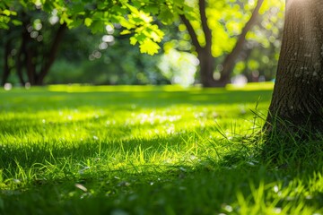 Poster - Serene park scene with sunlight filtering through leaves onto a vibrant green lawn Perfect for outdoor and nature themes