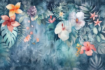 Canvas Print - A beautiful fantasy vintage wallpaper with tropical botanical flowers in a bunch on a vintage motif. Stock background.