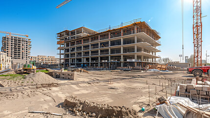 Poster - construction site for a large building with a clear blue sky background