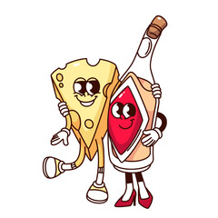 Wall Mural - Groovy cheese and wine bottle cartoon characters hugging. Funny retro love hugs of cheese and drink couple, picnic and romantic date mascot, cartoon sticker of 70s 80s style vector illustration