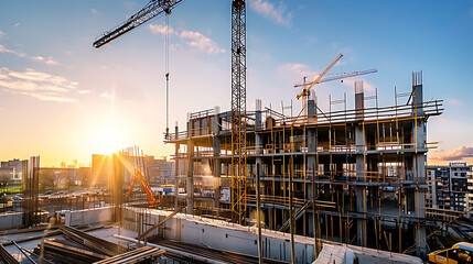 Poster - construction site for a large building with a clear blue sky background