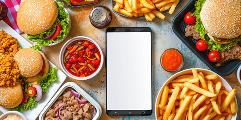 Modern food delivery mobile app kit template, empty blank display, user interface design, copy space. Smartphone on a colorful table with variety of fast food. Food delivery service. 