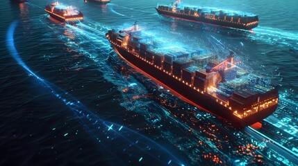 Wall Mural - Futuristic container ships equipped with advanced tech, navigating global maps for efficient export-import operations