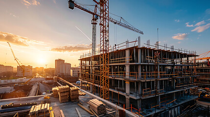 Poster - construction site for a large building with a clear blue sky background