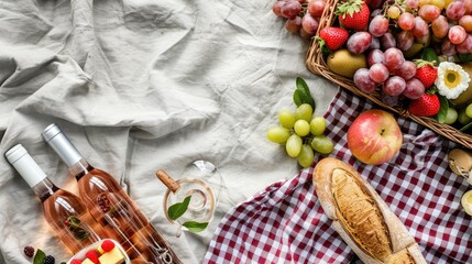 Wall Mural - A picnic basket filled with natural foods like fruit and bread, placed on a checkered blanket for a relaxing outdoor meal AIG50