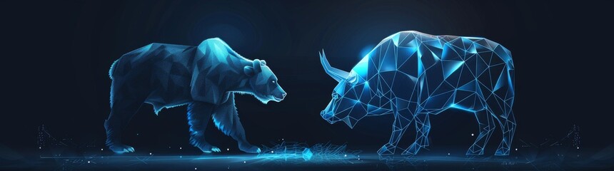 Poster - An animated bear and bull shape over a stock market chart concept on a modern blue business background.