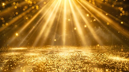 Wall Mural - Golden light rays scene background with dazzling golden light, award stage, and radiant rays and sparks illuminating the scene, creating a glamorous and celebratory atmosphere