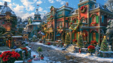 Wall Mural - Design a whimsical Christmas background with Santas workshop, bustling with elves preparing toys for delivery.