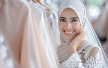 Wall Mural - A woman wearing a white dress and a head scarf is smiling, Arab woman chooses oriental fashion dress