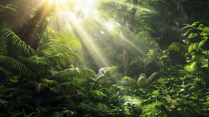 Wall Mural - Vivid forest scenery with sun rays filtering through lush green leaves in natural environment