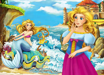 Wall Mural - Cartoon scene with sea or ocean and the mermaid princess sitting on giant shell on the shore near the castle meeting human illustration for children