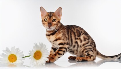 Sticker - bengal cat on a white background with a chamomile flower