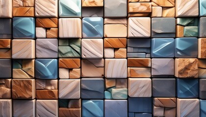 Wall Mural - textured natural stone mosaic tiles arranged in the shape of a wall semigloss 3d blocks stacked to create a rectangular block background 3d render