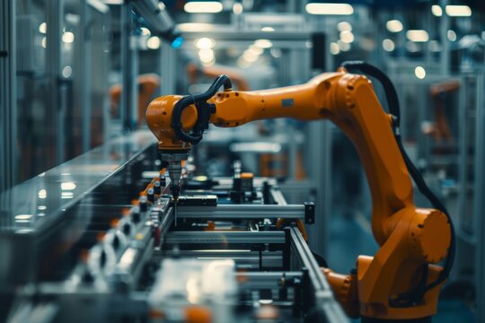 High res image  ai controlled robotic arms assemble products in bright automated manufacturing plant