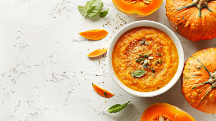 Wall Mural - Fresh Pumpkin Gazpacho Served in a Ceramic Bowl on Rustic Table - Healthy Autumn Soup Concept Stock Photo