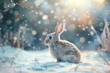 Bunny dressed as Santa Claus against a snowy background.