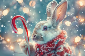 An adorable bunny dressed as Santa Claus on a snowy and christmas tree-filled background.