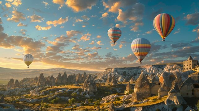 Amazing balloons in flight over a stone landscape in Cappadocia, Turkey