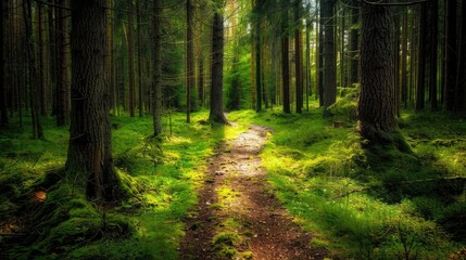 Wall Mural - A peaceful path through a dense forest in Scandinavia , forest, horizontal, landscape, nature, walk, travel, tourism, park, jogging, running, trail, scenic, tranquil, green, trees, woods