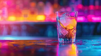 Glass of cocktail in hypnotic neon light. Colorful rave party drink