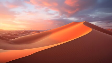 Wall Mural - Desert panorama with sand dunes at sunset. 3d render