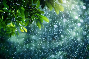 Aufkleber - A close-up shot captures fresh leaves glistening with droplets as rain pours down, highlighting the vitality of nature