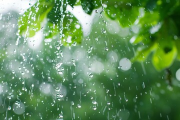 Fototapete - The image focuses on suspended raindrops against a green bokeh background, displaying the intricate beauty of rainfall