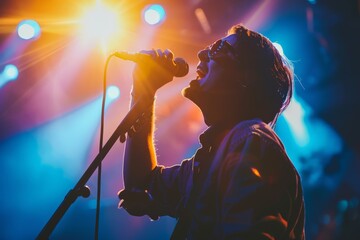 Poster - An energetic live music performance with a singer passionately singing into a microphone