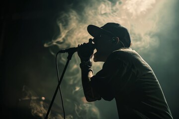 Poster - Dramatic image of a singer in a cap performing with a microphone enveloped in stage smoke