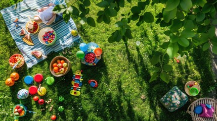 Sticker - A group of children is enjoying a picnic surrounded by grass, trees, and shrubs in a natural landscape. They are leisurely soaking up the sun and appreciating the beauty of the environment AIG50