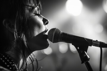 Poster - A greyscale image of a singer performing live on stage with a microphone and stage lights in the background