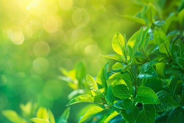 Poster - Close-up of fresh green leaves with sunlight creating a bokeh effect, invokes a feeling of growth and vitality