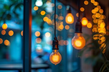 Aufkleber - Cozy evening ambiance with glowing light bulbs and bokeh lights in the background