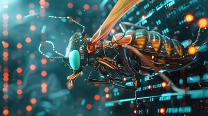 A science fiction-inspired visual of a cyborg insect interfacing with a computer, symbolizing a software bug breaching system security