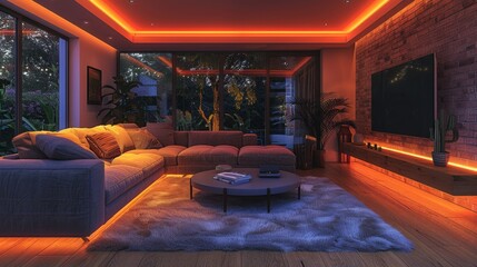 Wall Mural - Create a cozy modern living room sanctuary at night with a plush sofa, a wall-mounted TV, and LED strips lining