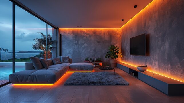 Design a contemporary living room oasis with a sectional sofa, a sleek TV stand, and LED strips lining the walls