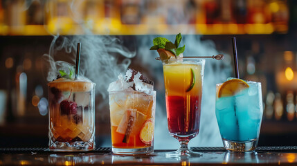 Wall Mural - A bar with a variety of colorful drinks including with garnish