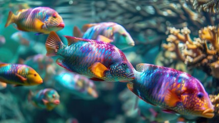 Wall Mural - Vibrant school of parrotfish swimming in coral reef showcasing dynamic underwater ecosystem , parrotfish, school, coral formations, vibrant colors, underwater, ecosystem, marine life