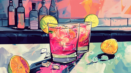 Wall Mural - A colorful drink with a glass and a bottle of liquor on a table