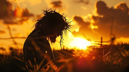Wall Mural - Jesus, in solemn silhouette against a fiery sunset, adorned with a crown of thorns and bearing a cross, 