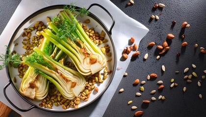 Wall Mural - roasted fennel with nuts on backing sheet top view healthy vegan food