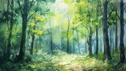 Wall Mural - Watercolor painting of a peaceful forest atmosphere, forest, trees, leaves, nature, watercolor, painting, tranquil, serene, woods, green, atmosphere, peaceful, scenery, outdoors,
