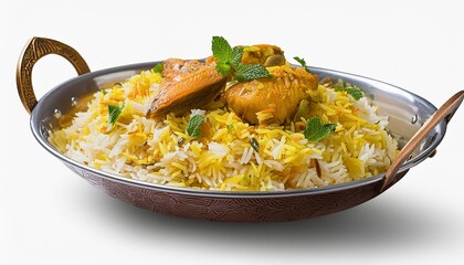 Wall Mural - fish biryani popular indian dish made of fish marinated with indian spices fresh herbs and cooked with basmati rice on white and transparent background