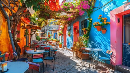 Wall Mural - Famous colorful outdoor cafe in the most beautiful sicilian village