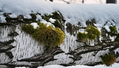 Wall Mural - birch bark with moss in winter birch bark with moss close up trees of temperate continental climate